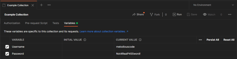 Postman Variables Screen