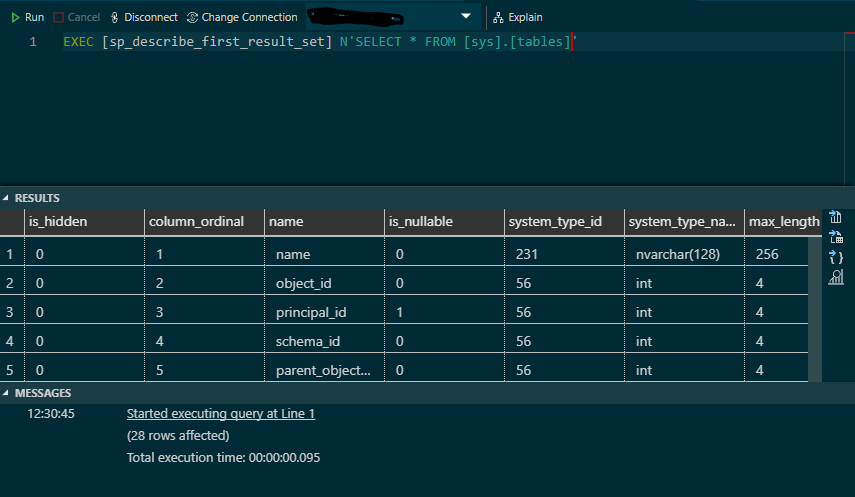 Obtaining the meta data from a SQL Query 